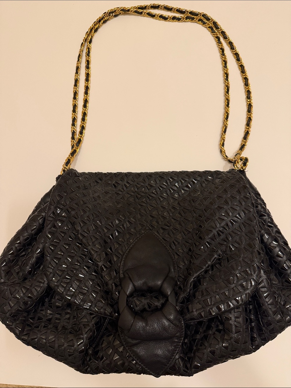 Sharif Black Woven Shoulder Bag with Gold Chain Strap
